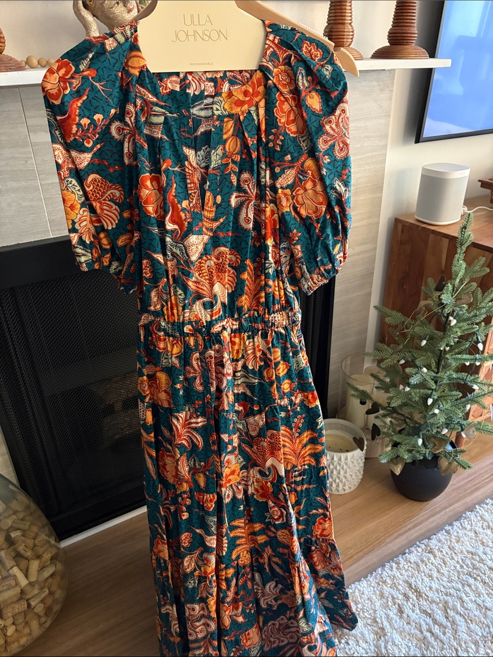 Ulla Johnson Teal Maxi Dress with Orange & Cream Floral Motif